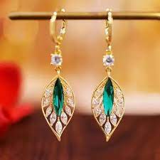 Korean Green Leaf Crystal Bali Drop Earrings