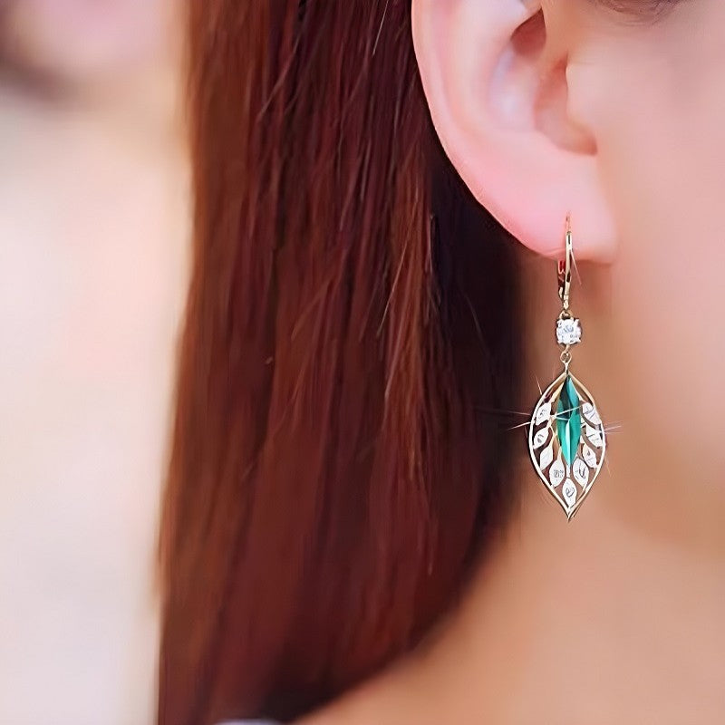 Korean Green Leaf Crystal Bali Drop Earrings